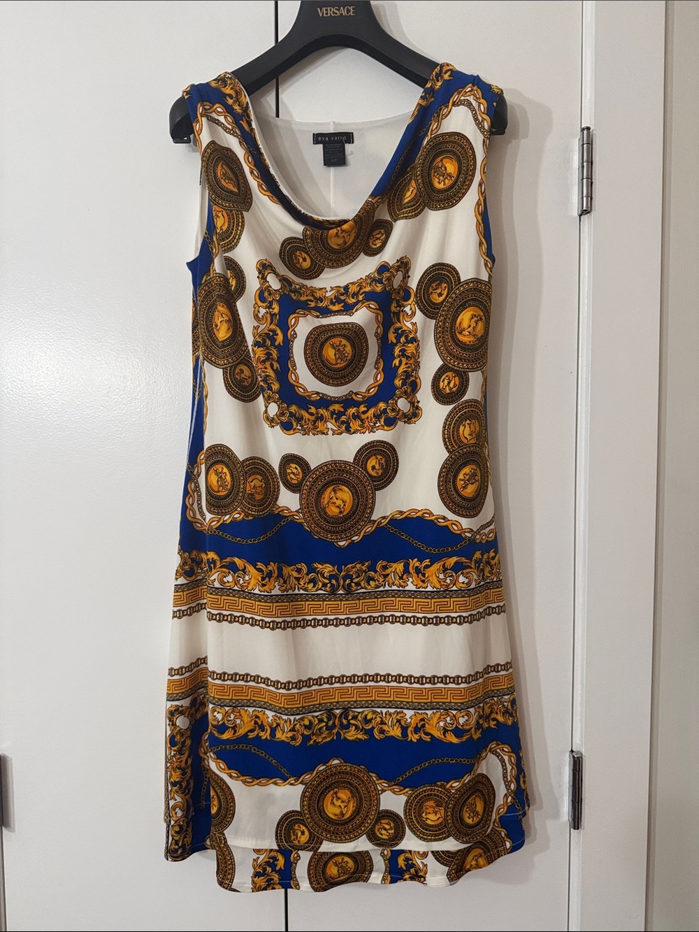eva varro Blue, Cream and Gold Printed Sleeveless Dress